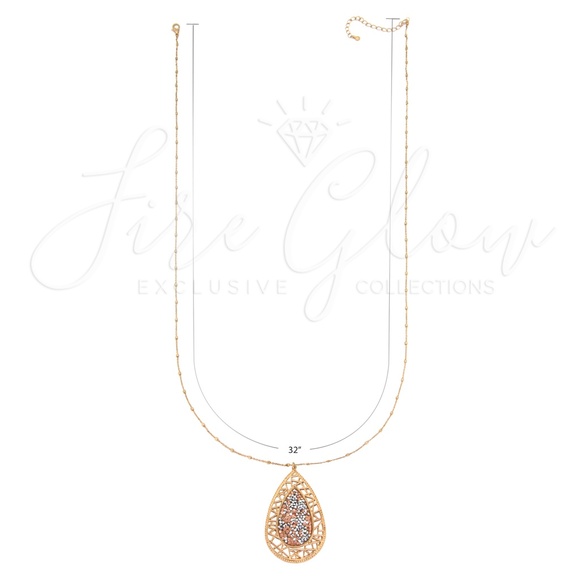 Filigree Teardrop Necklace Rose Gold Rhinestone - Picture 3 of 8